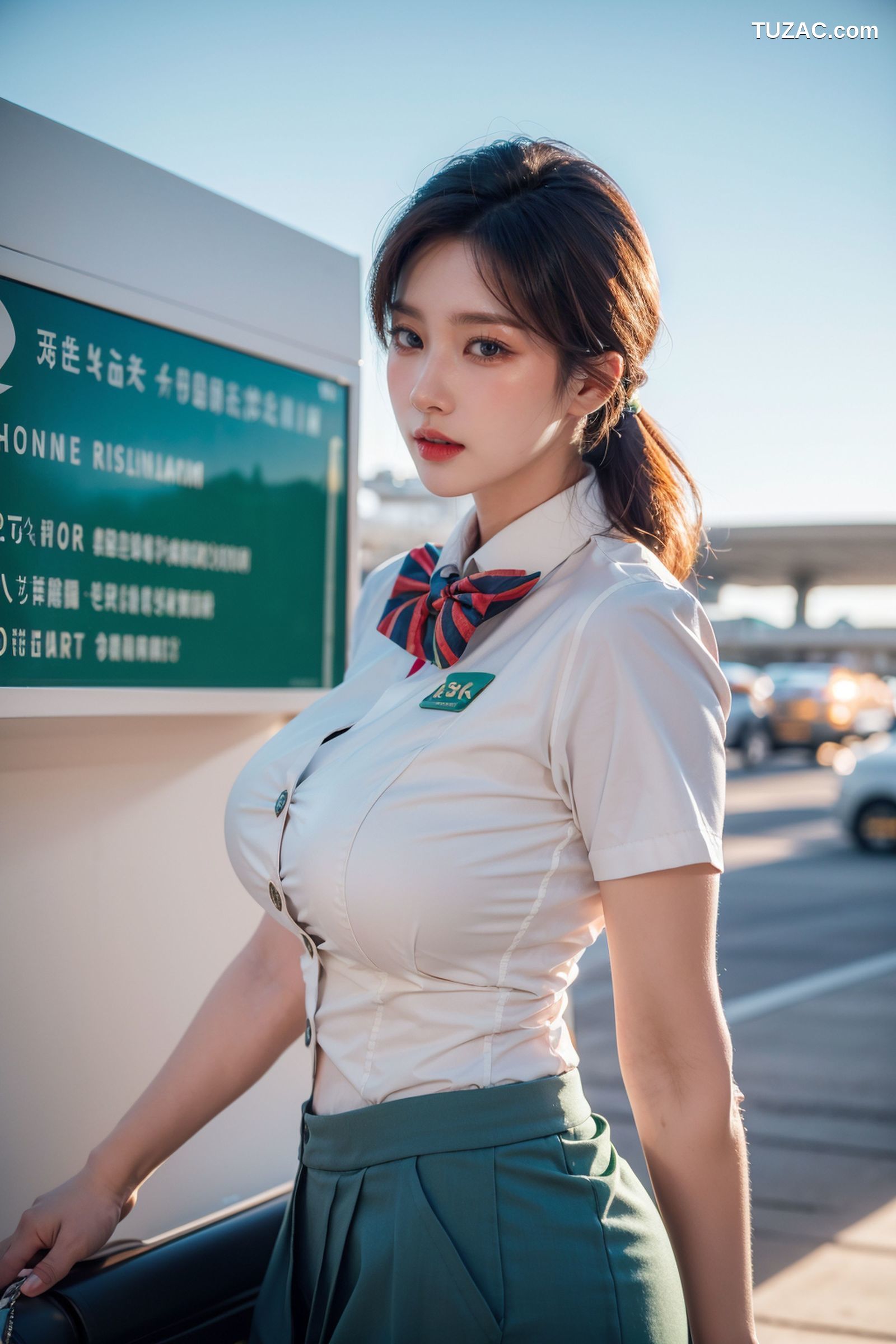 AI美女-拟实-女乘务员绿色制服