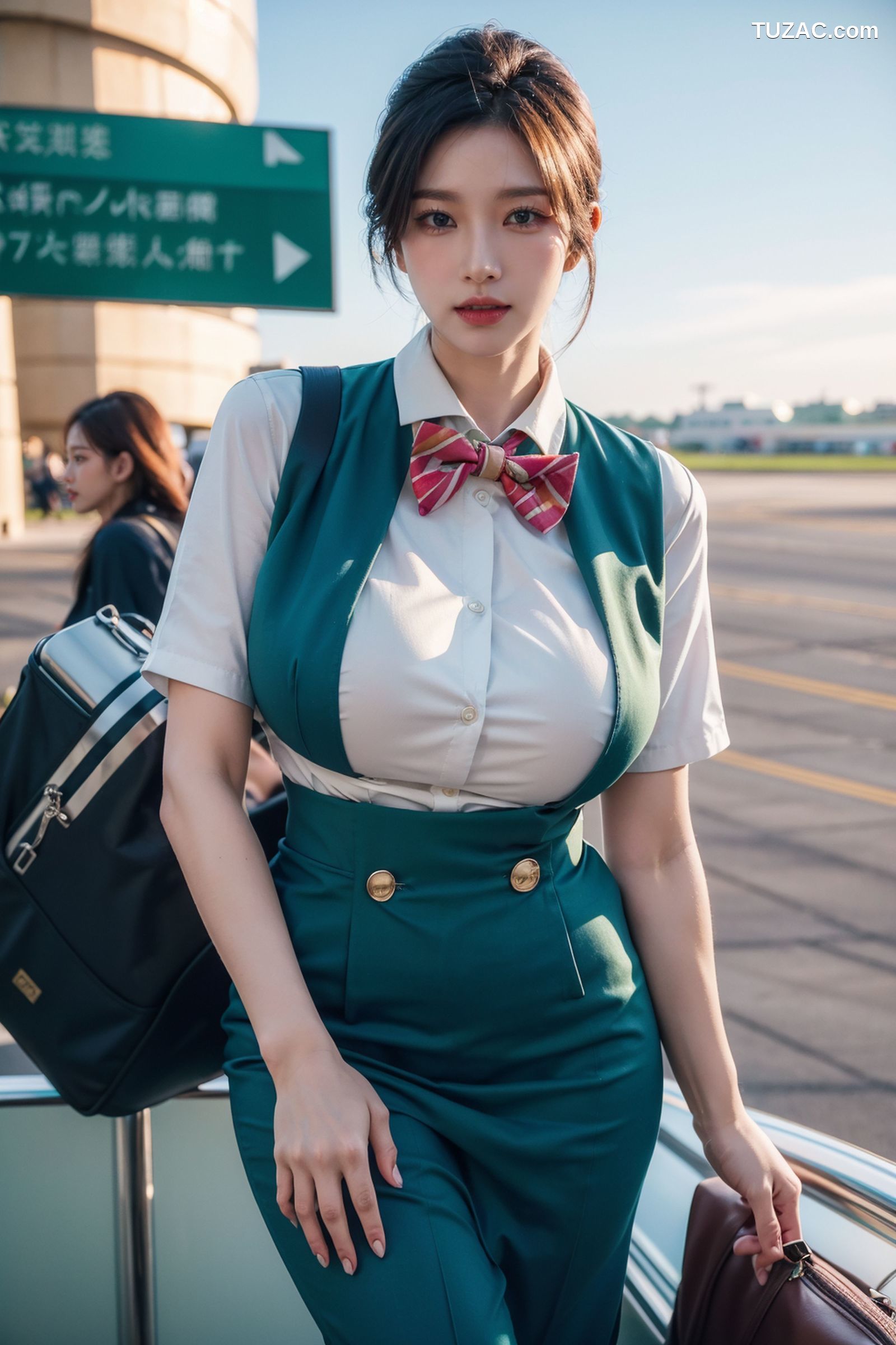 AI美女-拟实-女乘务员绿色制服