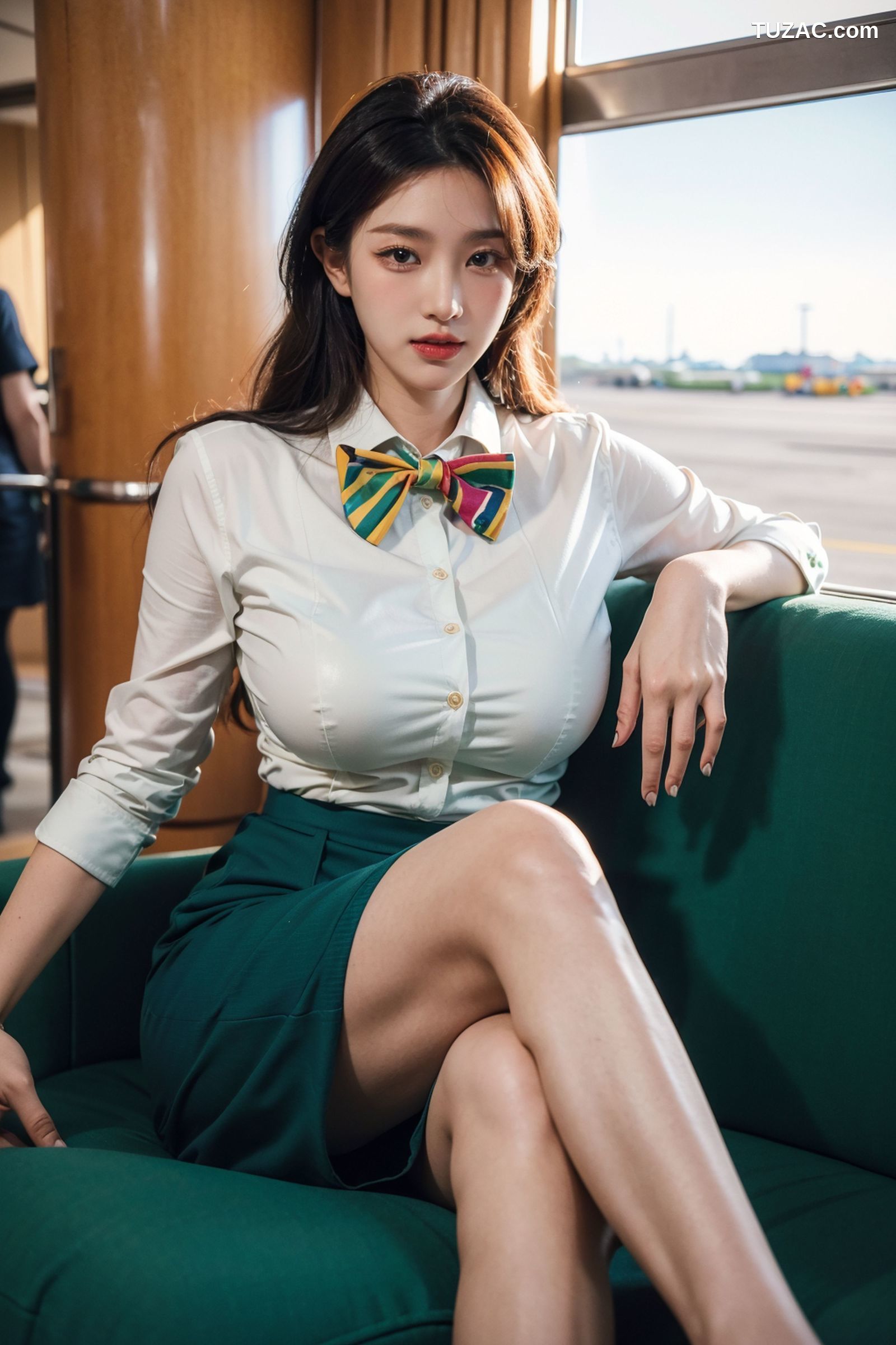 AI美女-拟实-女乘务员绿色制服