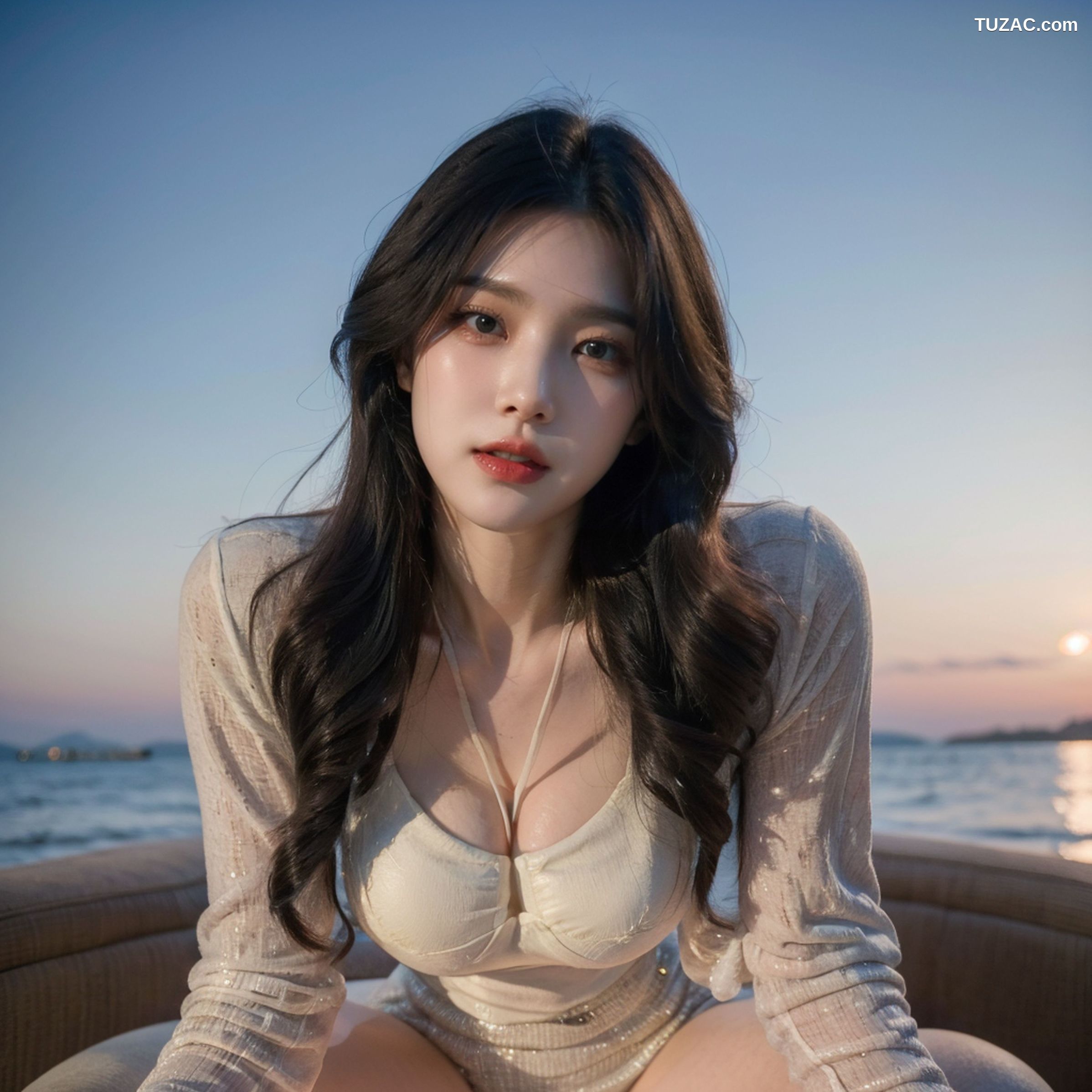 AI美女-拟实-白色连衣裙-户外海边