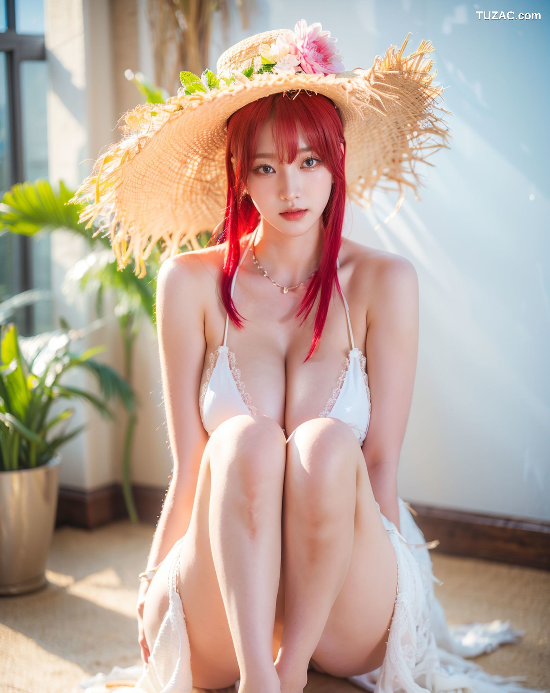 AI美女-拟实-草帽-白色比基尼
