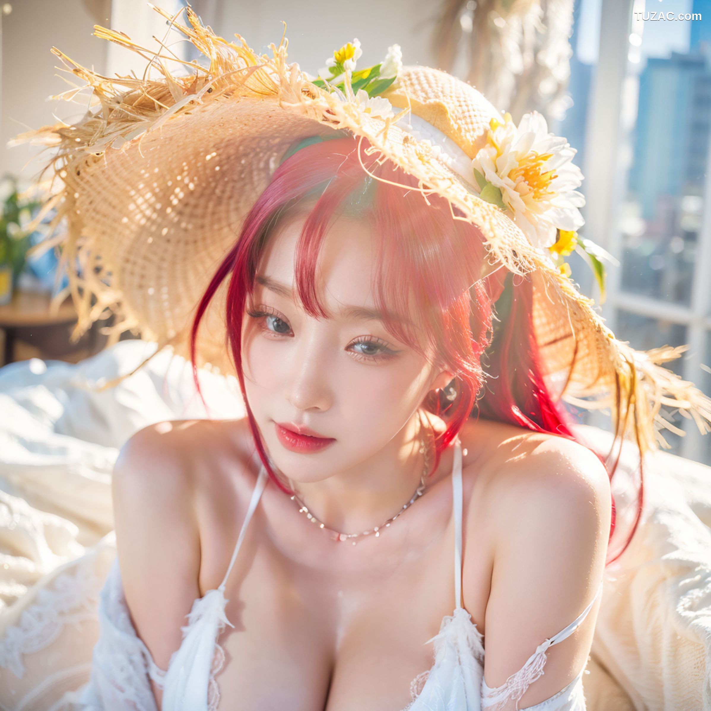 AI美女-拟实-草帽-白色比基尼