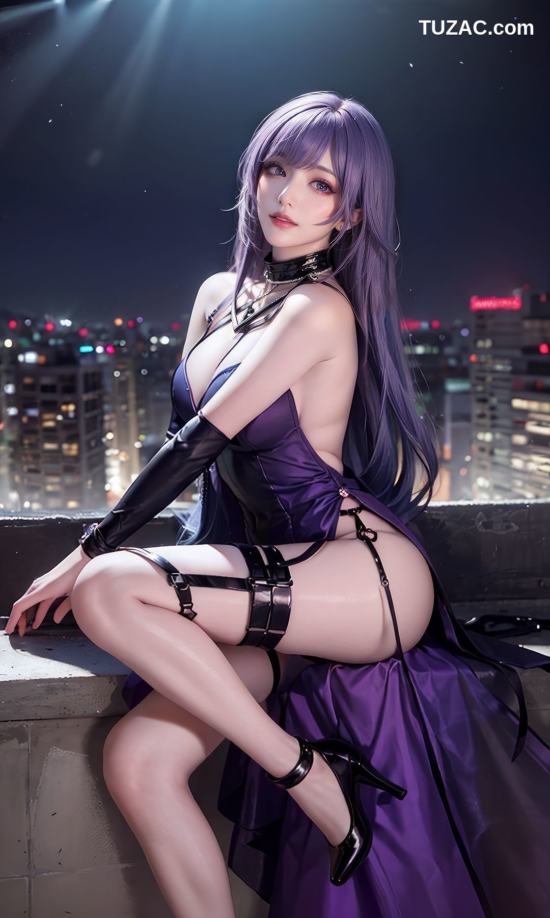 AI美女-紫发美女-性感吊带裙