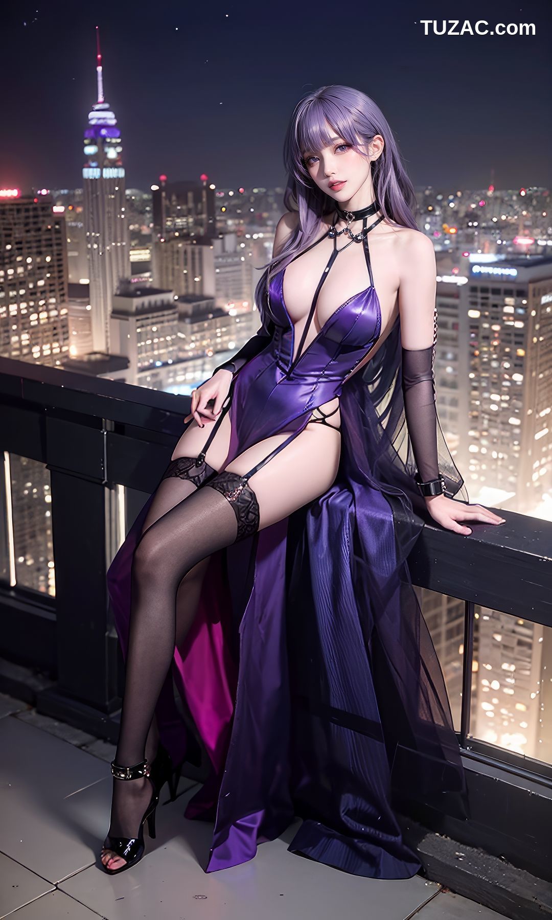 AI美女-紫发美女-性感吊带裙
