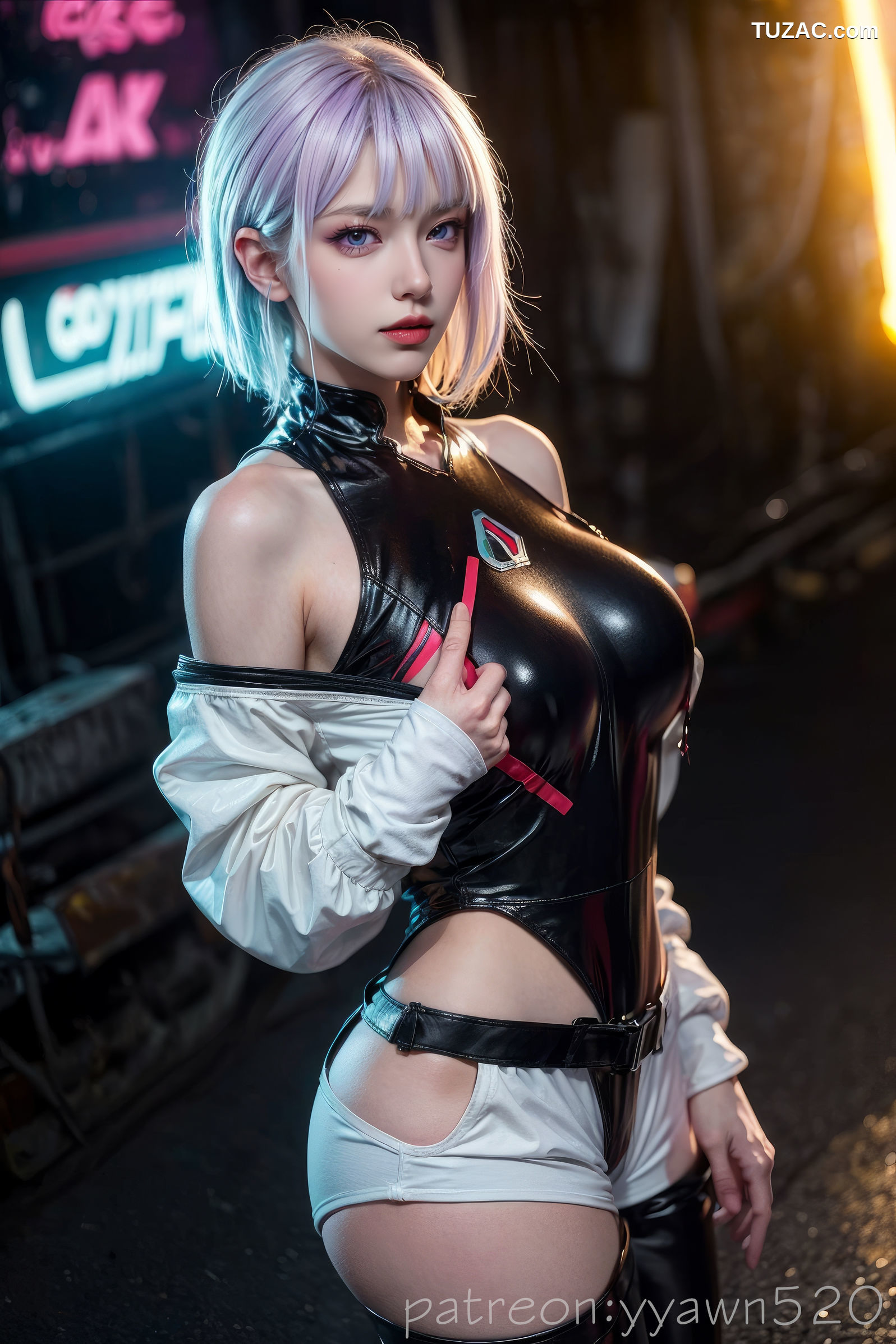 AI美女-赛博朋克-露西-淡紫色短发美少女