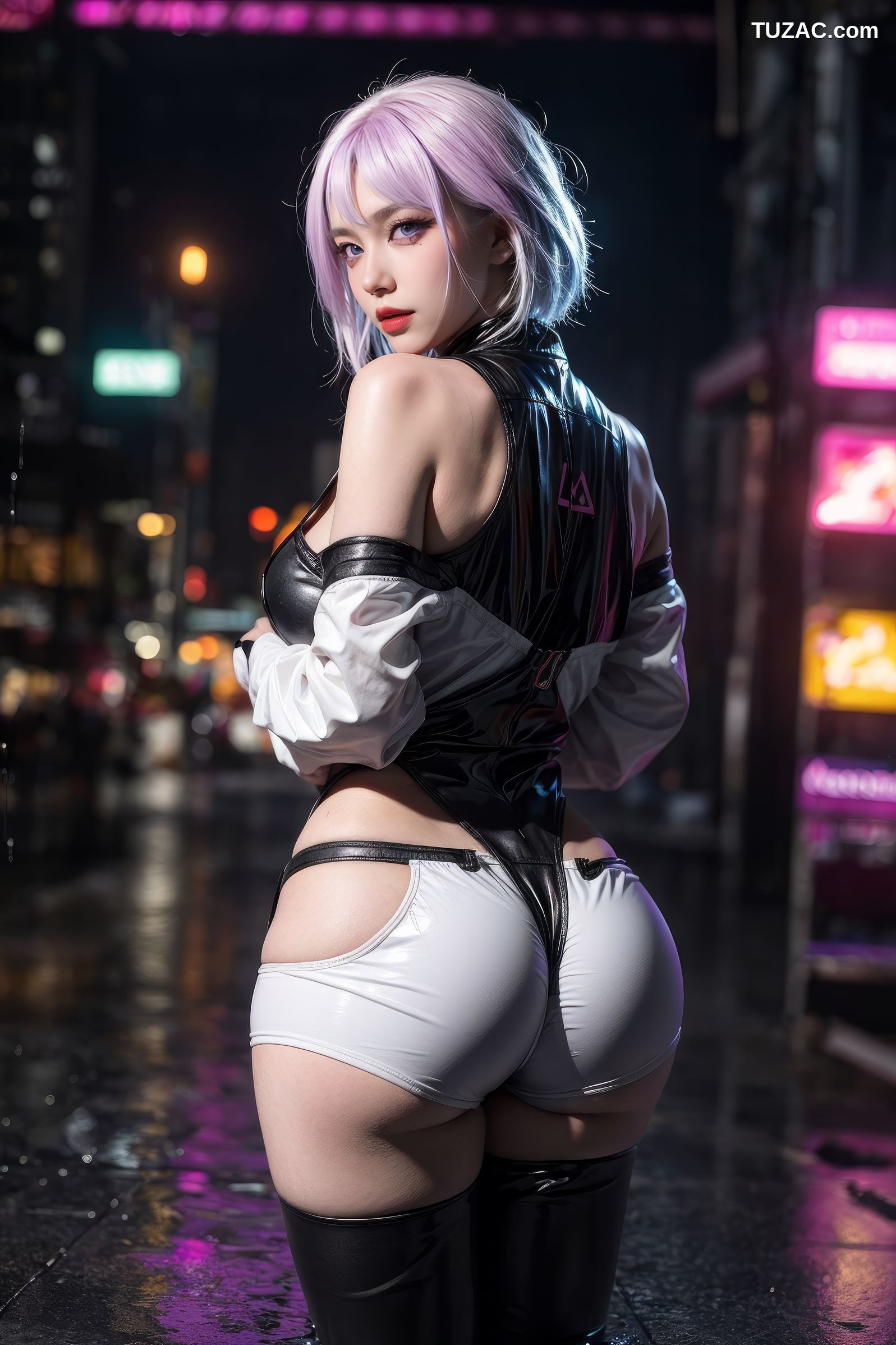 AI美女-赛博朋克-露西-淡紫色短发美少女