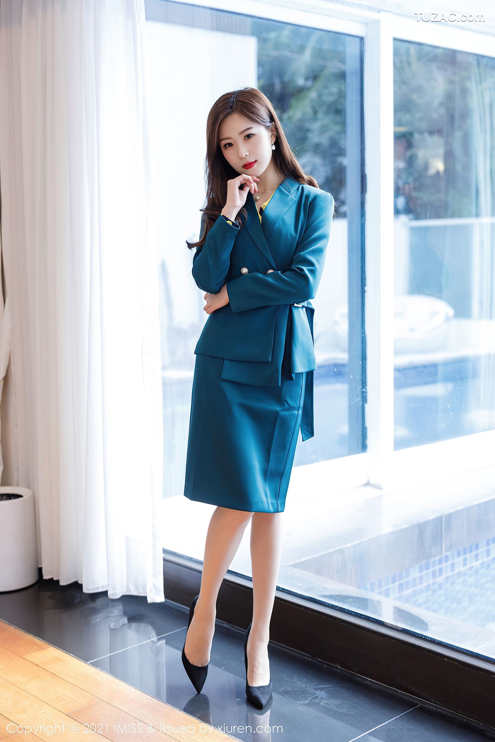 IMiss爱蜜社-551-杨紫嫣Cynthia-蓝绿职业0L套装蕾丝吊带袜-2021.02.08
