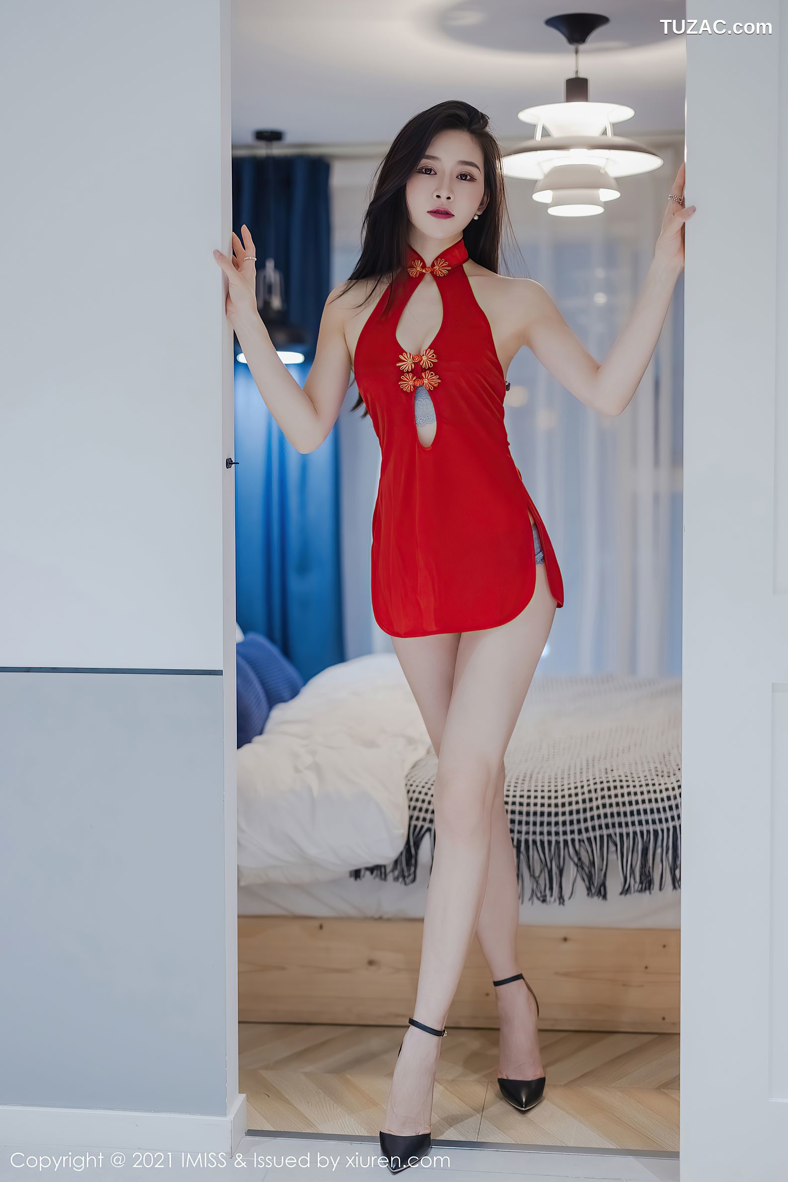 IMiss爱蜜社-572-Vanessa-古韵红色裙装浅灰蕾丝内衣-2021.04.07