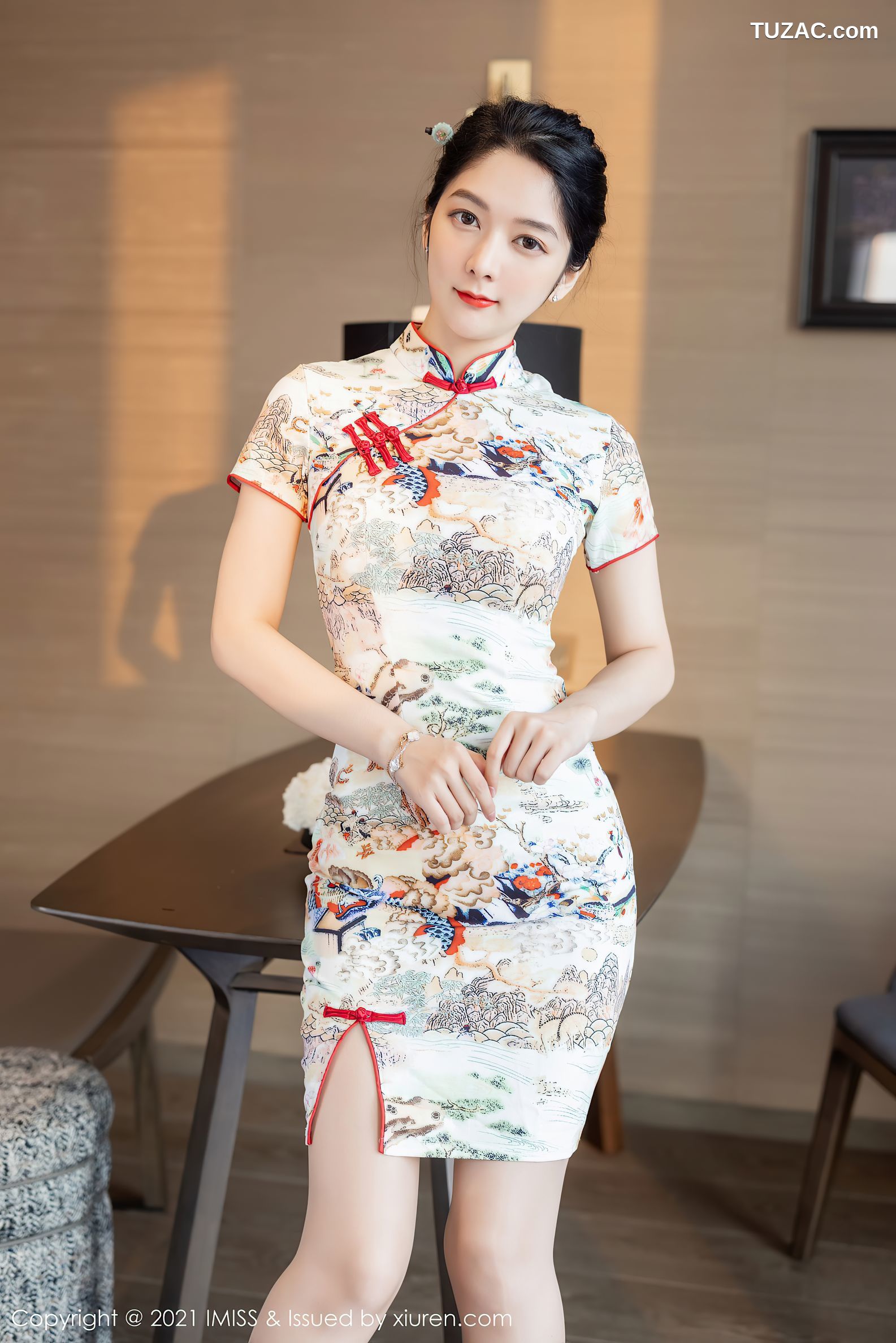 IMiss爱蜜社-593-小热巴-白色印花短旗袍白色内衣-2021.05.18