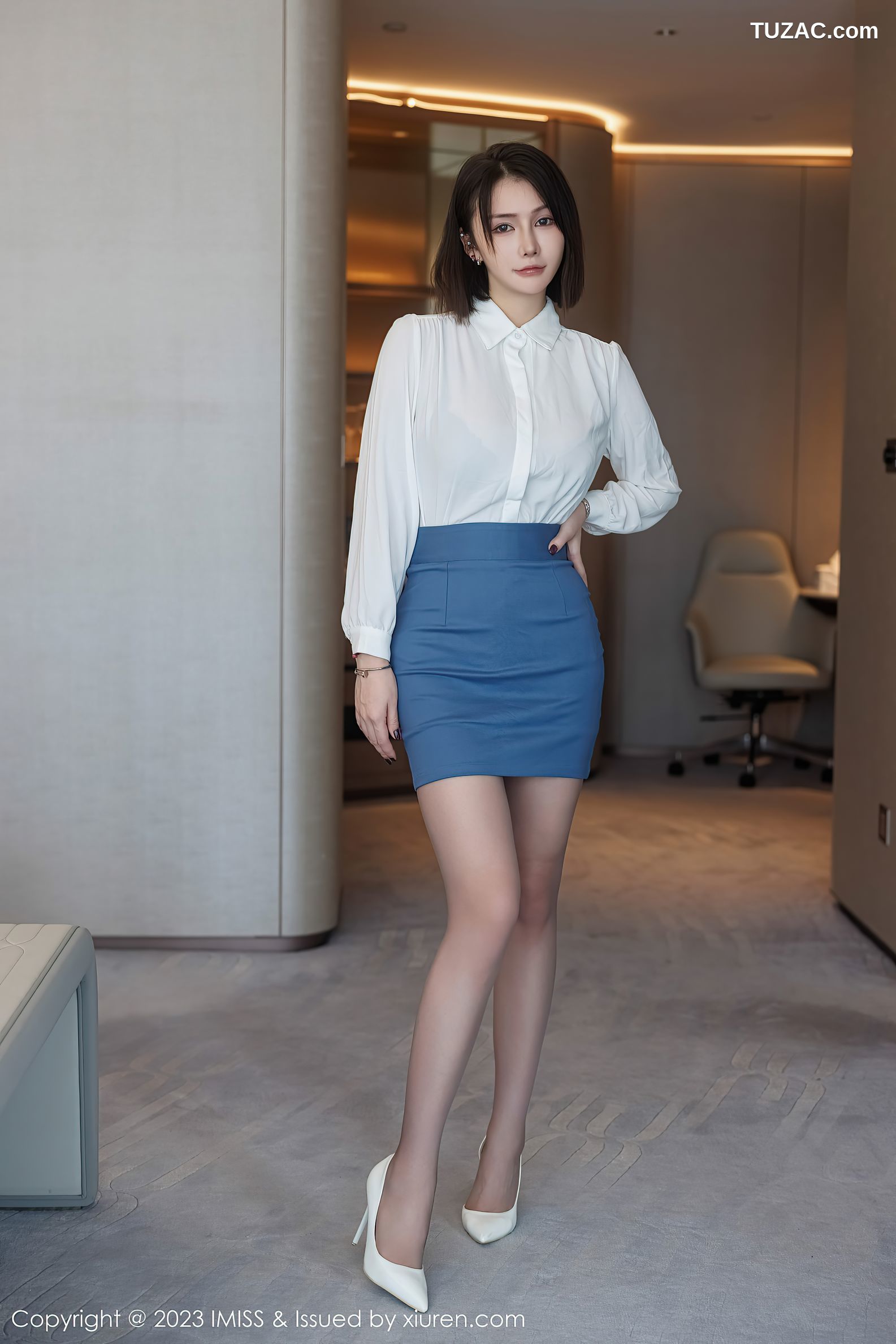 IMiss爱蜜社-737-Evon陈赞之-白衬衫蓝短裙职业装黑蕾丝内衣-2023.07.26