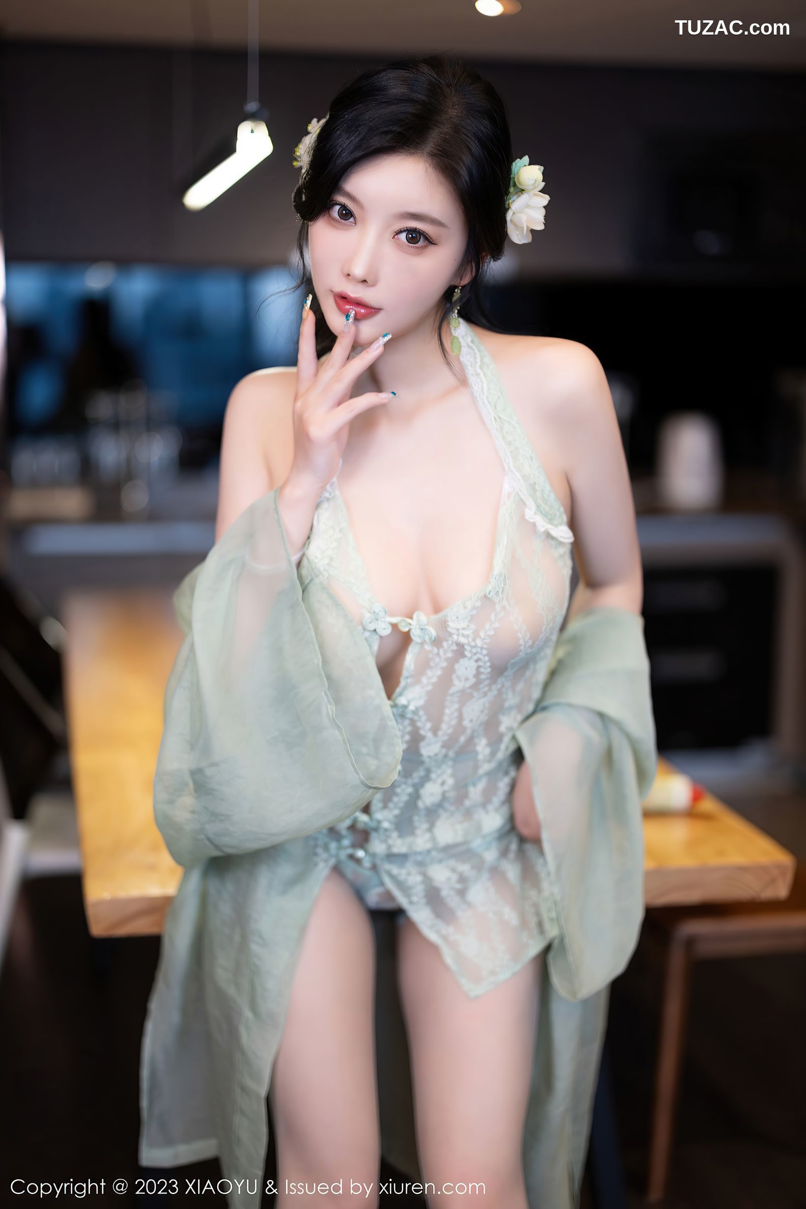 XiaoYu语画界-1143-杨晨晨Yome-浅绿吊带连衣短裙浅绿蕾丝轻透情趣内衣-2023.11.10