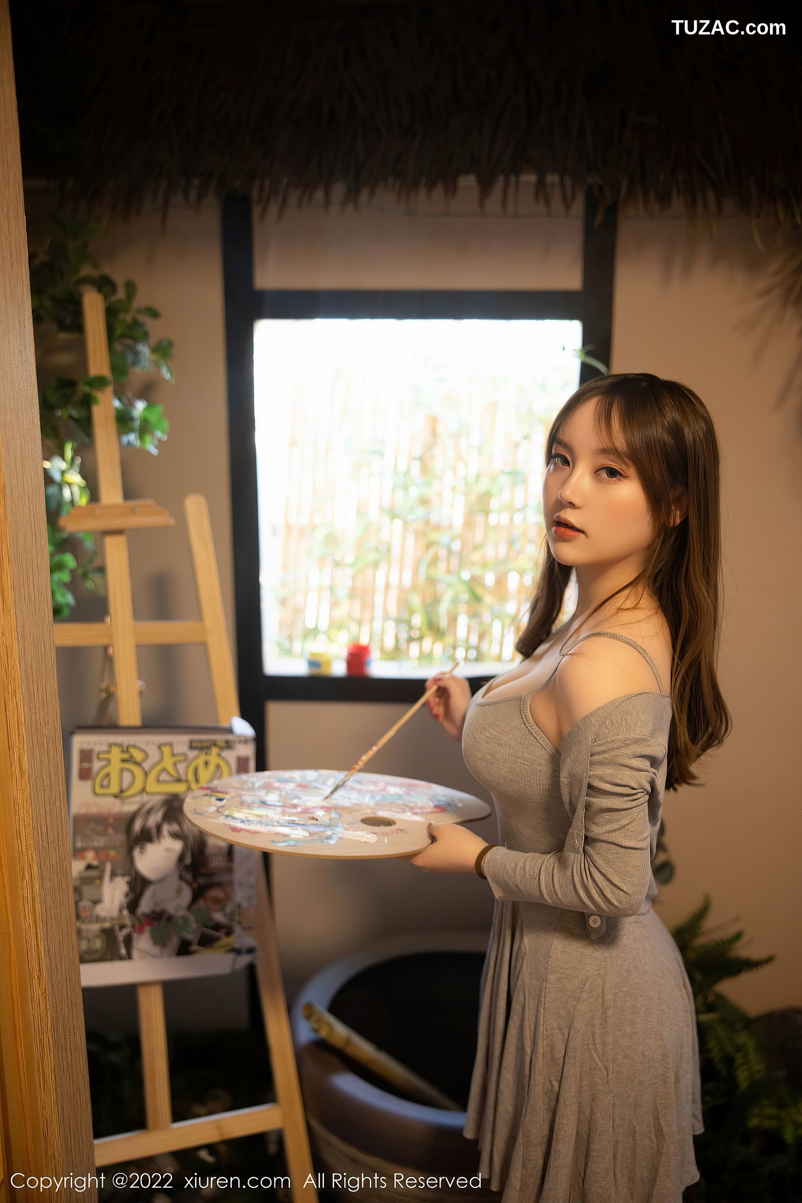 XiuRen-No.5943-豆瓣酱-绘画主题灰色低胸吊带裙肉丝