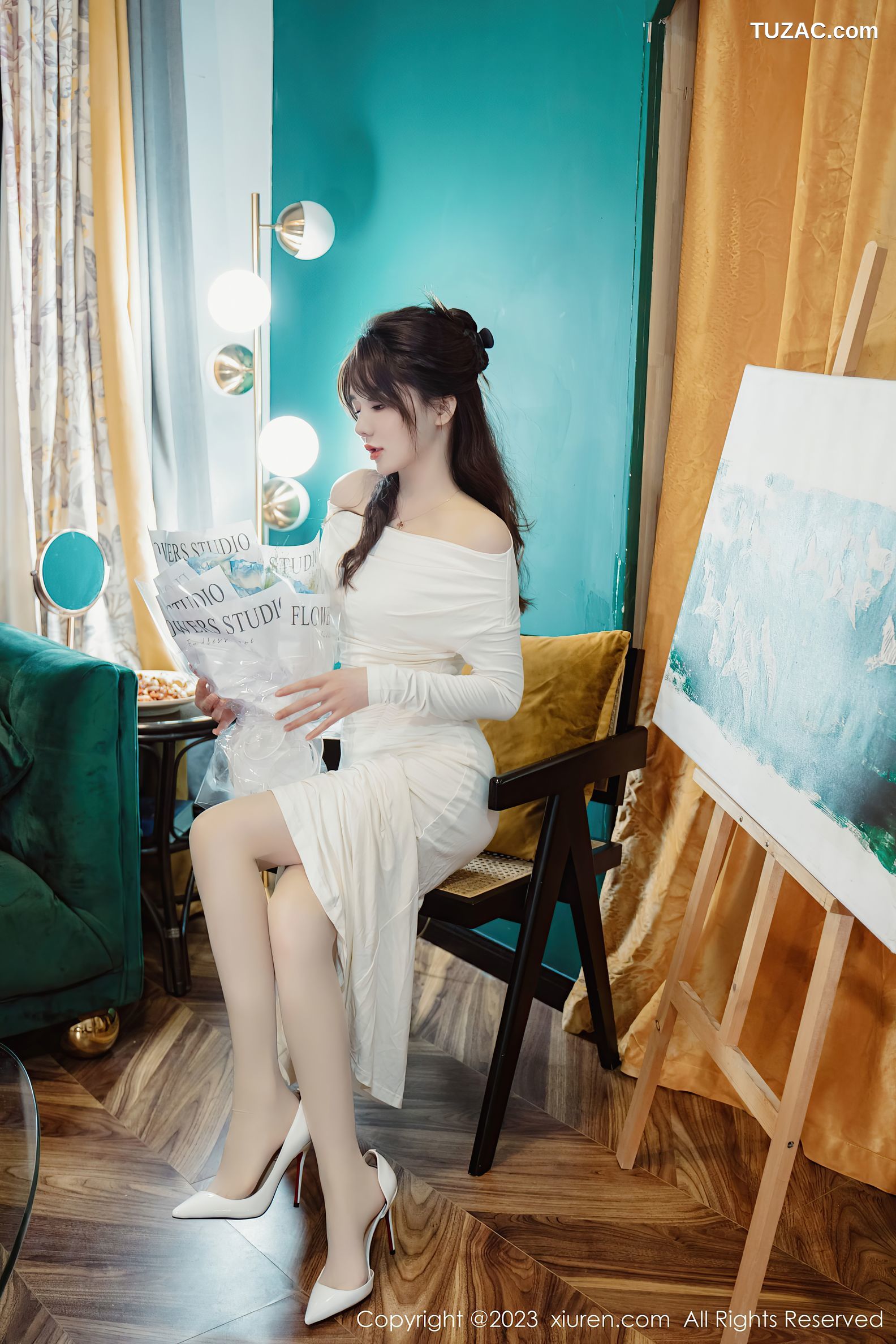 XiuRen秀人网-6182-婠婠么-白色连衣长裙蕾丝内衣白丝