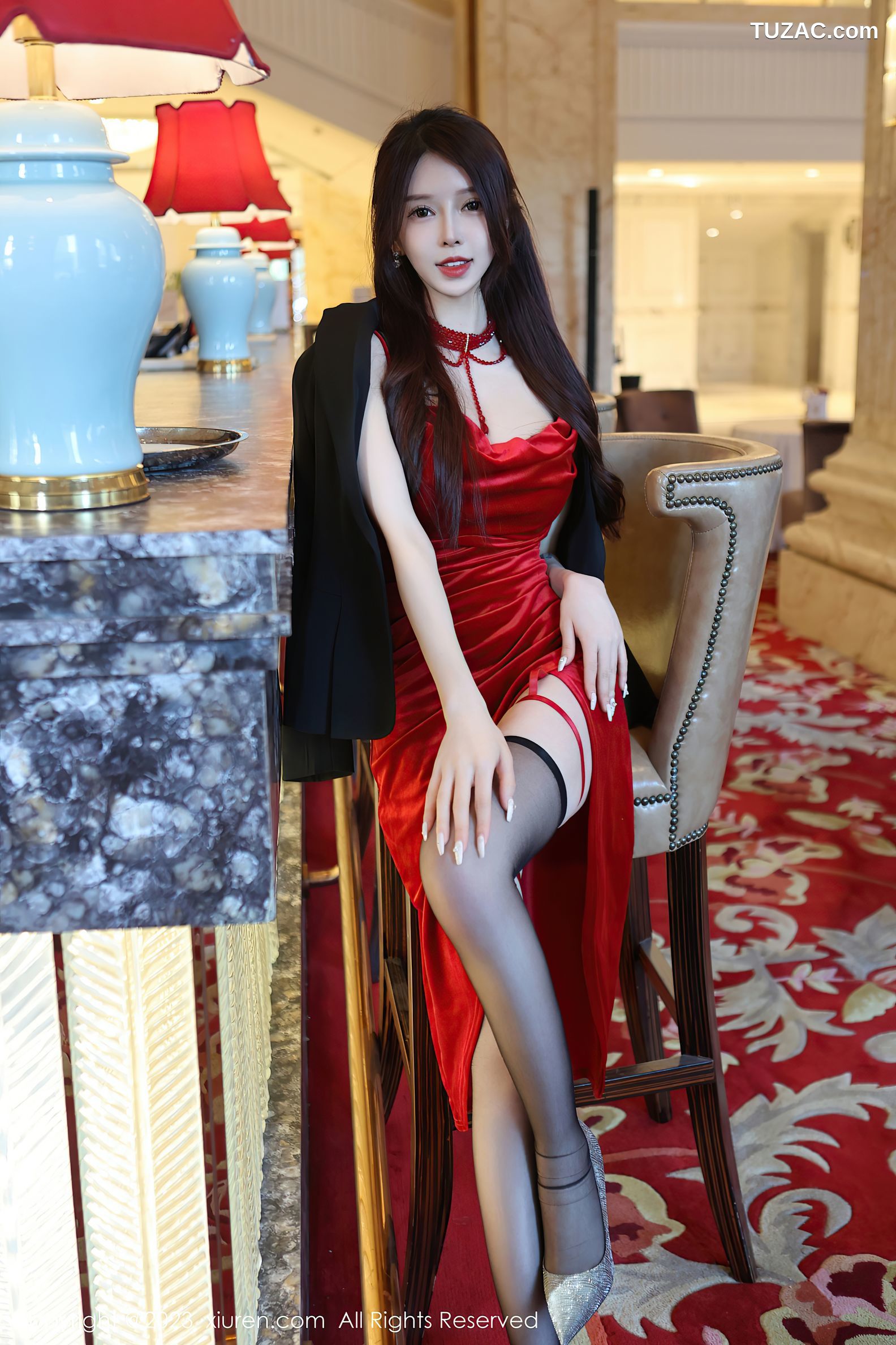 XiuRen秀人网-6460-玉兔miki-红色吊带长裙黑色蕾丝内衣-2023.03.23