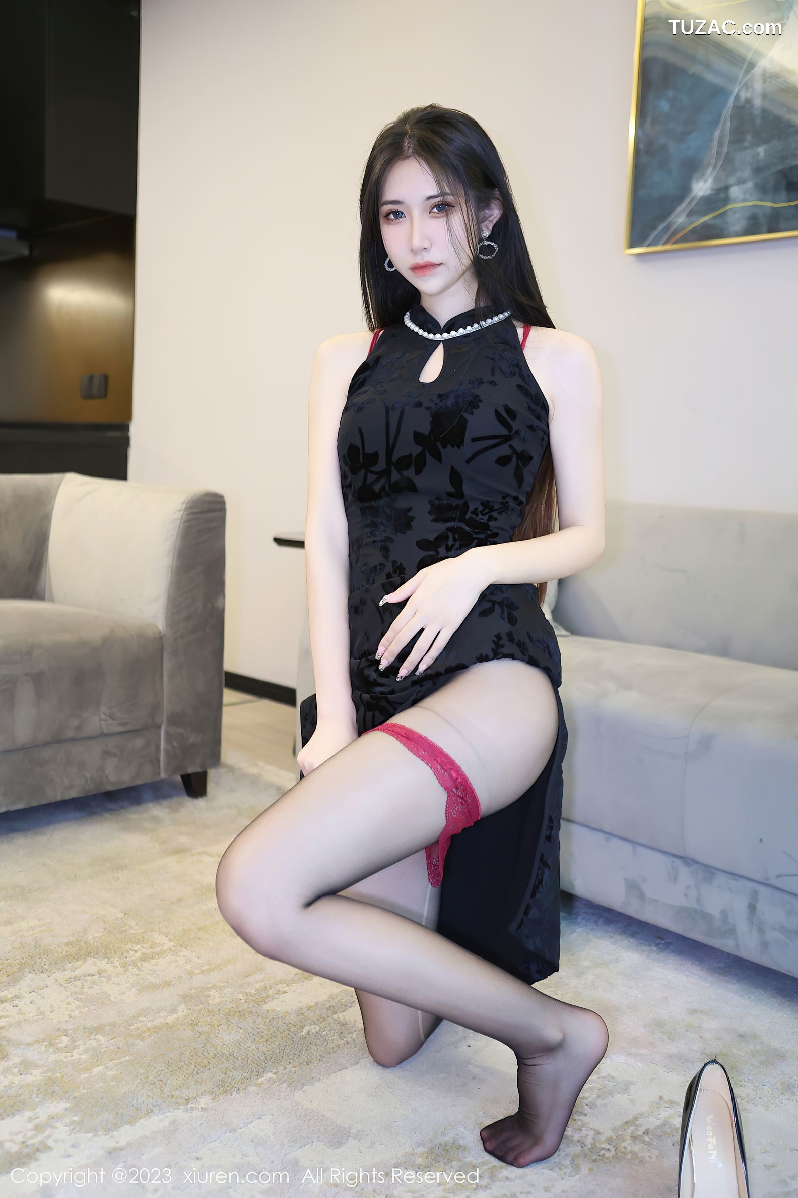 XiuRen秀人网-6583-依娜Yina-黑色短款旗袍红色蕾丝内衣黑丝-2023.04.17