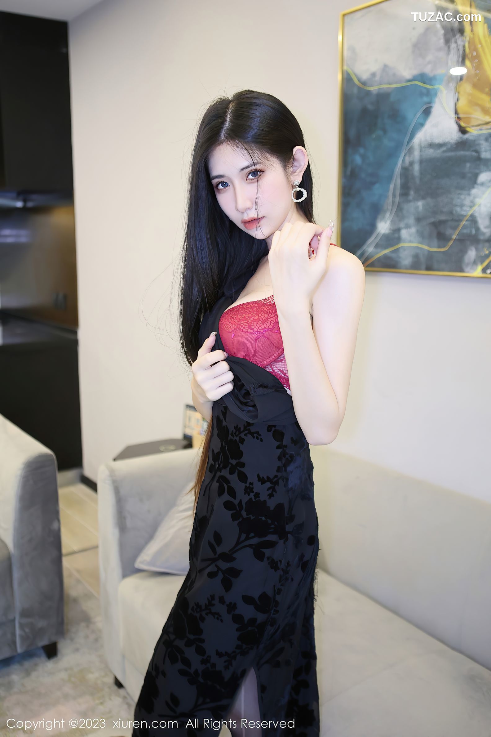 XiuRen秀人网-6583-依娜Yina-黑色短款旗袍红色蕾丝内衣黑丝-2023.04.17