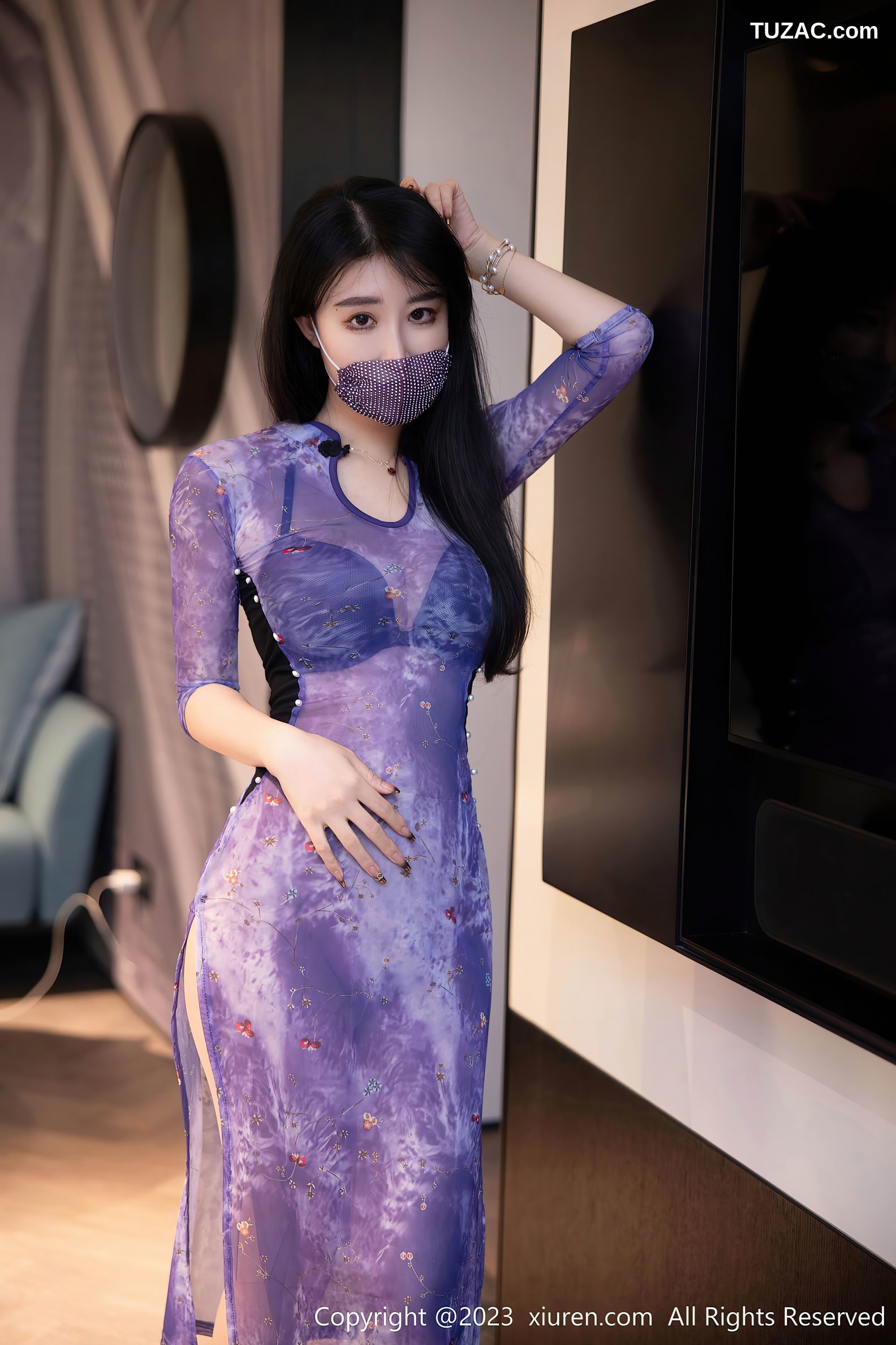 XiuRen秀人网-6876-司柠-浴室紫色连衣长裙超薄肉丝-2023.06.08