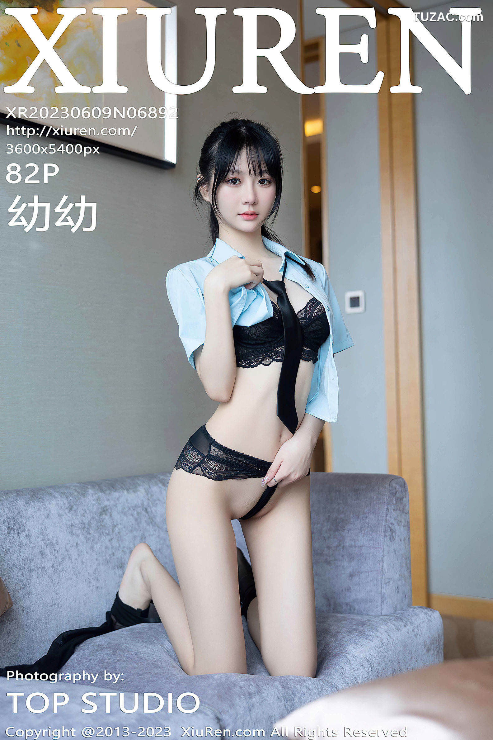 XiuRen秀人网-6892-幼幼-淡蓝色上衣黑色蕾丝内衣黑丝吊带袜-2023.06.09