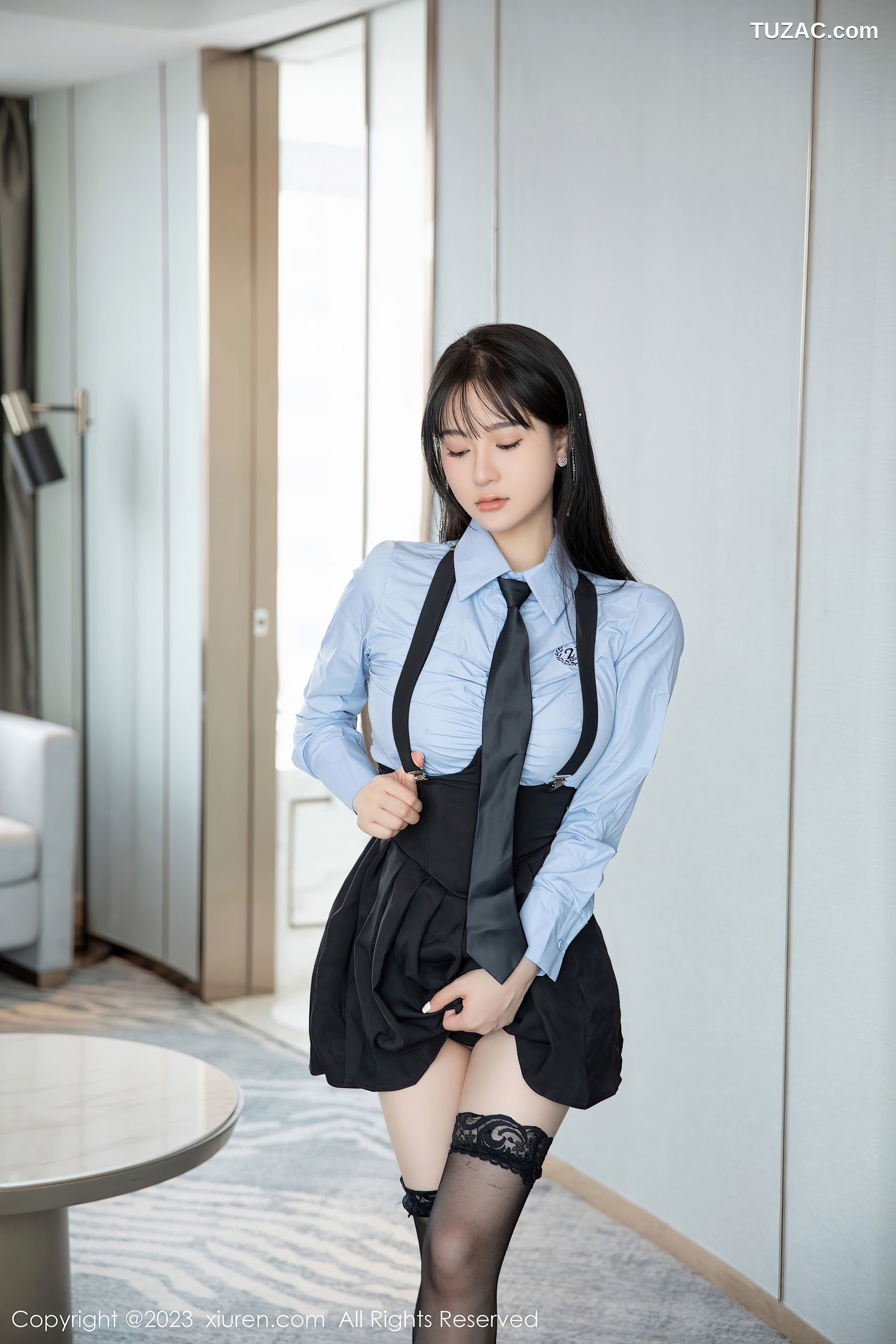 XiuRen秀人网-7140-柚琪Rich-蓝衫黑裙学生装黑丝-2023.07.26