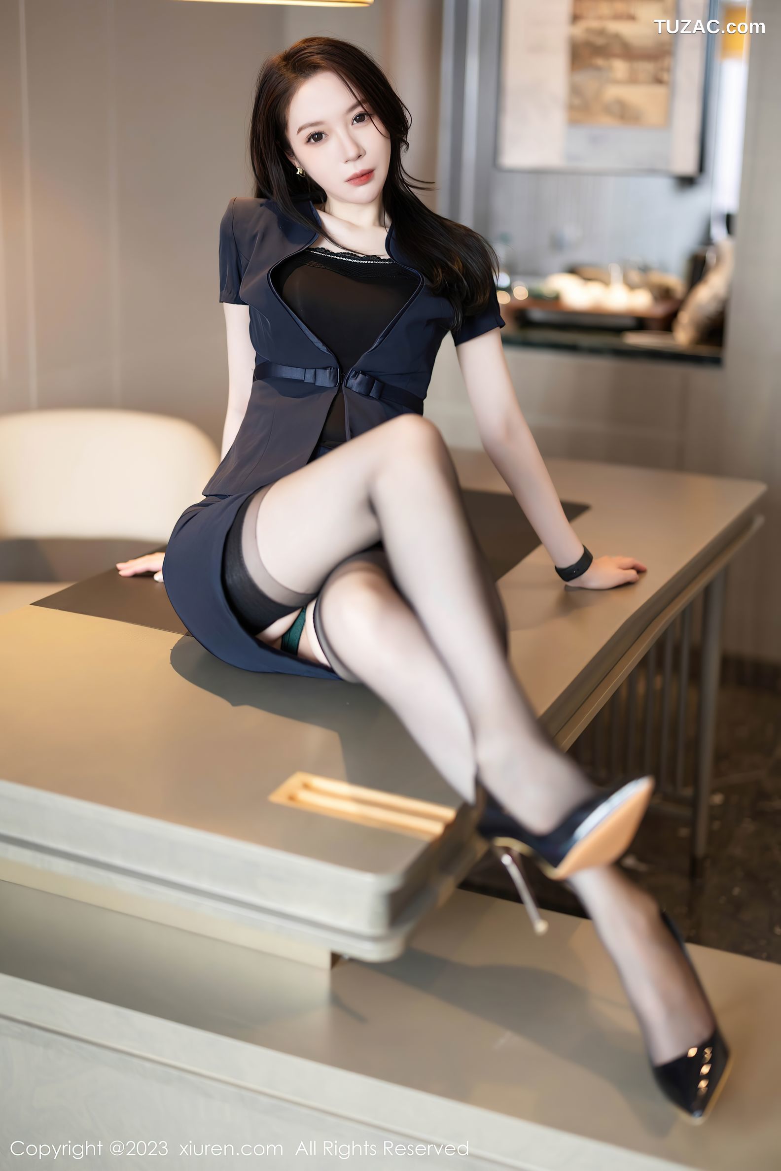 XiuRen秀人网-7212-梦心玥-深蓝OL套装深绿内衣黑丝-2023.08.10