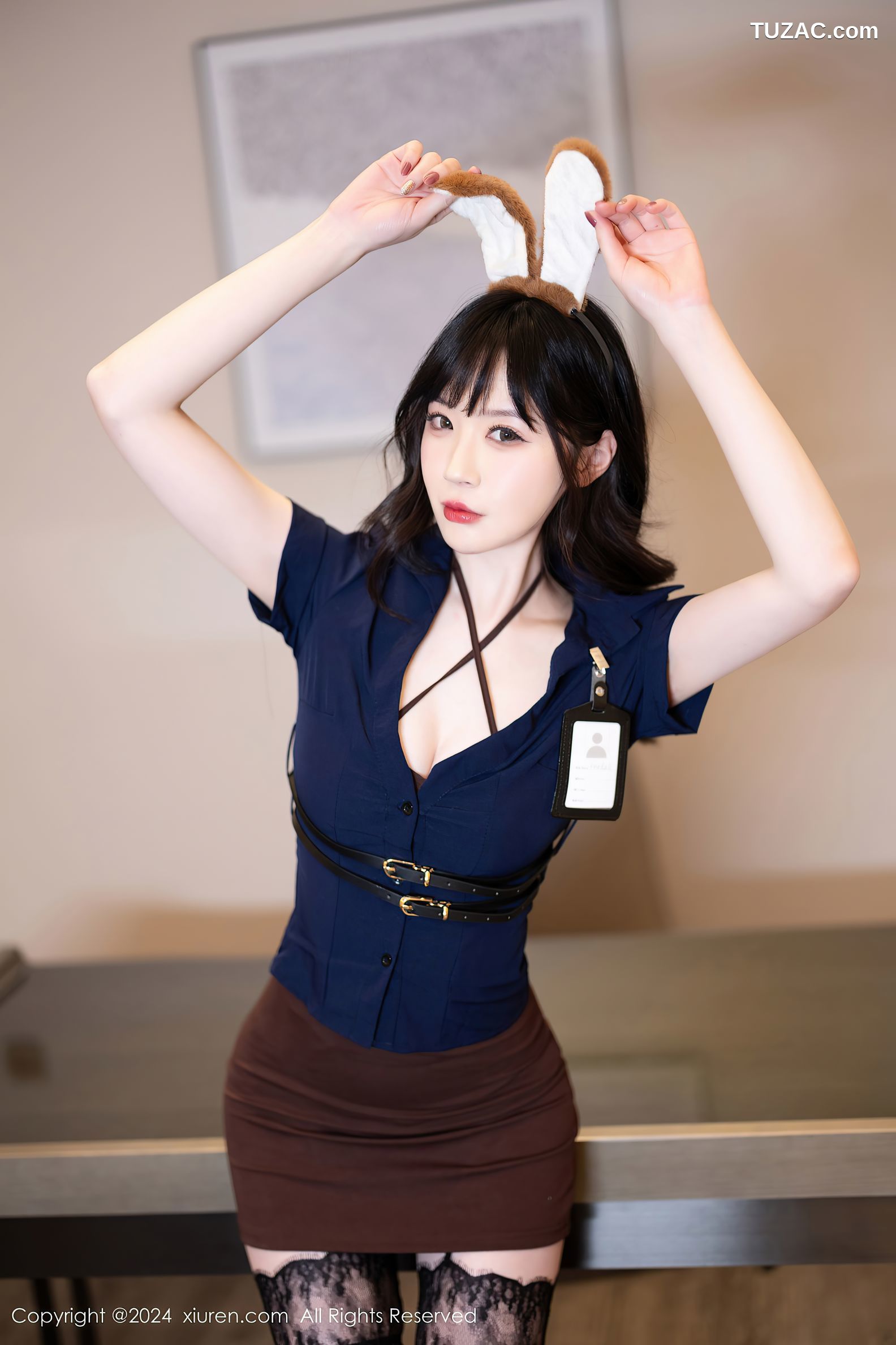 XiuRen秀人网-8141-梦心玥-蓝色制服衬衫咖啡色连衣短裙黑丝-2024.02.26